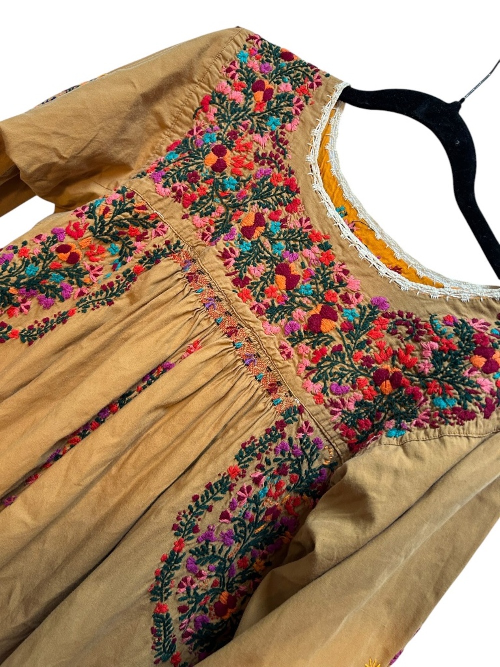 Mexican Oaxaca Vintage mustard heavily embroidered florals tunic maxi dress L - Picture 2 of 6